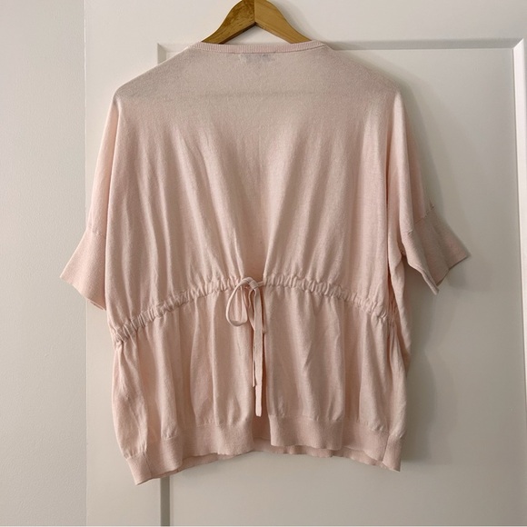 REPEAT Cashmere Short Sleeve V‑Neck Knit Top 38/S, Adjustable Drawstring Back - Picture 4 of 4